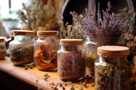 Dried herbs in glass jars on wooden table. Alternative medicine conceptの素材