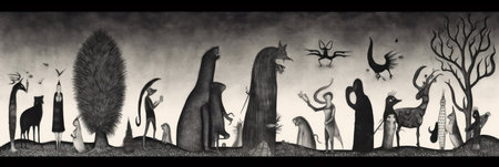 Halloween background with silhouettes of animals and trees, black and whiteの素材