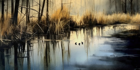 Reflection of trees and birds in the water at sunset. Toned.の素材