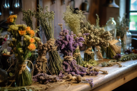 bouquet of dried flowers on a wooden table in a shopの素材