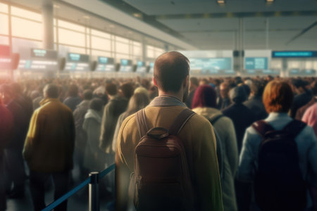 Back view of a man with a backpack looking at the airport terminalの素材