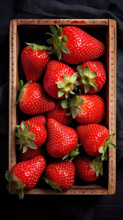 Fresh strawberries in a wooden box on a black background. Select focus.の素材