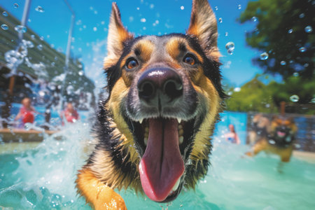 German shepherd swimming in a pool with splashes of water and having funの素材