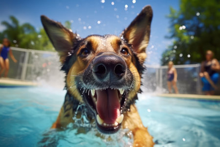 German shepherd dog swimming in pool with water splashes and having funの素材