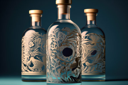 3d illustration of two bottles of vodka with floral ornament on blue backgroundの素材