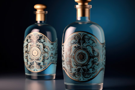 3d render of two vintage bottles of perfume on dark blue backgroundの素材