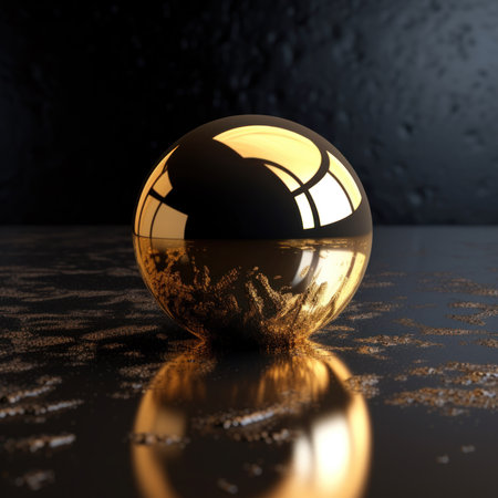 3d render of golden ball on black background with reflection and bokehの素材