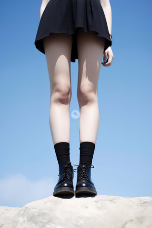 Female legs in black skirt and boots on a background of blue skyの素材
