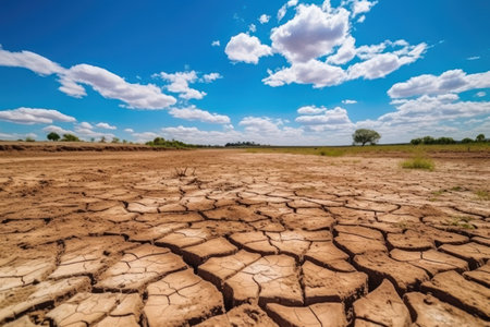 Dry cracked earth background with blue sky and white clouds. Global warming conceptの素材