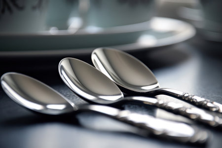 Table setting with silverware and crockery. Select focus. Toned.の素材