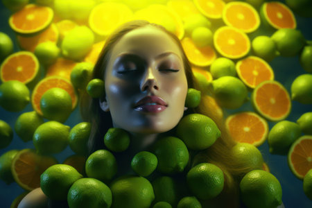 Fashion portrait of a beautiful young woman surrounded by citrus fruits.の素材