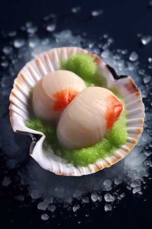 Raw fresh scallops on black background. Seafood concept.の素材