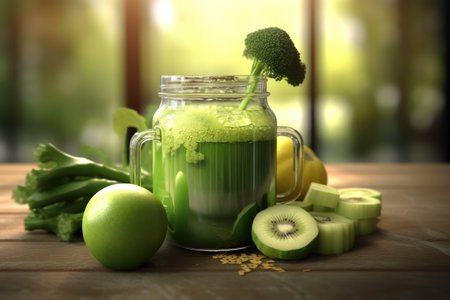 Healthy green smoothie with ingredients on wooden table, closeupの素材