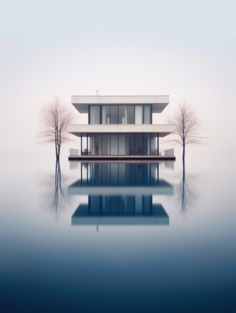 3D render of a modern house in the middle of a lakeの素材
