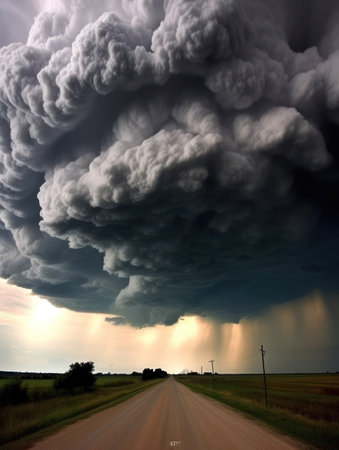 Storm clouds over the road, thunderclouds on the horizon.の素材