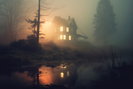 Foggy house on the bank of the lake at dawn.の素材