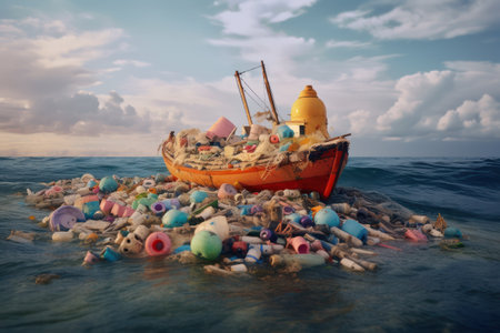 Fishing boat full of plastic waste in the sea. Environmental pollution concept.の素材