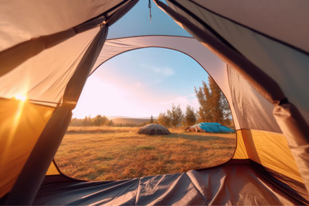 Camping tent in the meadow at sunset. Beautiful nature sceneryの素材