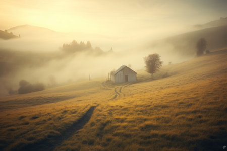 Foggy morning in the Carpathian mountains, Ukraine.の素材