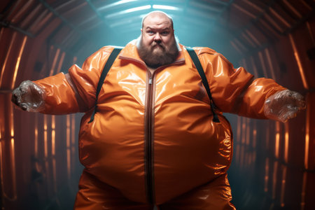 Fat man in an orange raincoat in a dark room. The concept of diet and weight loss.の素材