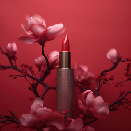 Lipstick and flowers on a red background. Cosmetics for women.の素材