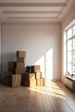Moving boxes in empty room with window. 3D Rendering.の素材