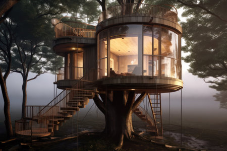 3D rendering of a wooden house in the forest with stairs going upの素材