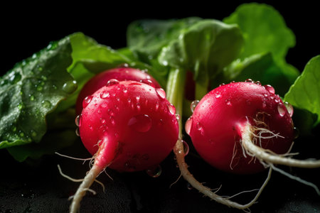 Fresh radishes with water drops on black background. Select focus.の素材