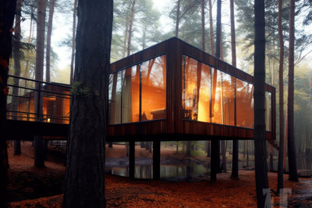 Wooden house in a pine forest on a foggy day.の素材