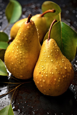 Ripe pears with water drops on a dark background. tinting. selective focusの素材