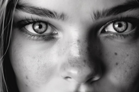 Close-up portrait of a beautiful young girl with frecklesの素材