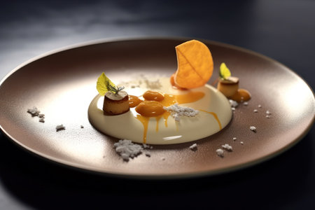 Panna cotta dessert with caramel sauce on a dark background.の素材