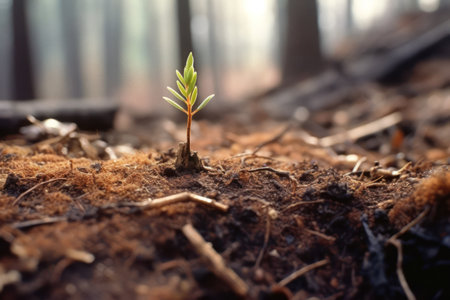 Young green sprout growing from soil in the forest. ecology conceptの素材