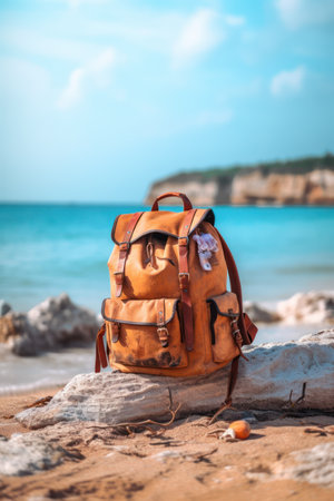 Backpack on the beach. Vacation concept. Select focus.の素材