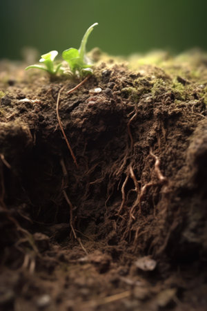 Close up of young green sprout growing from soil with blurred backgroundの素材