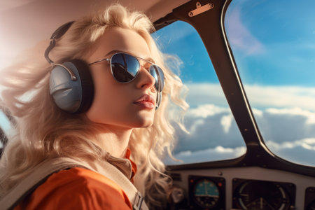 Beautiful blonde girl in headphones and sunglasses looking out of the window of the plane.の素材