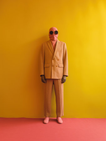 fashionable man in sunglasses and beige suit standing on colorful backgroundの素材