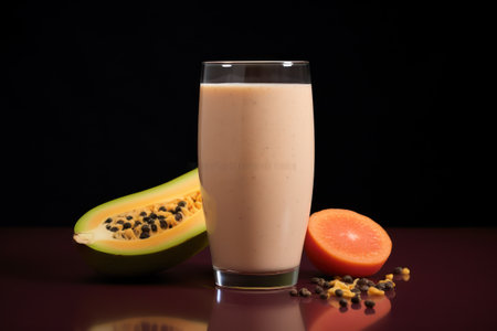 A glass of papaya smoothie on a dark background with fruits.の素材