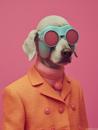 Cute dog wearing sunglasses and coat on pink background. Studio shot.の素材