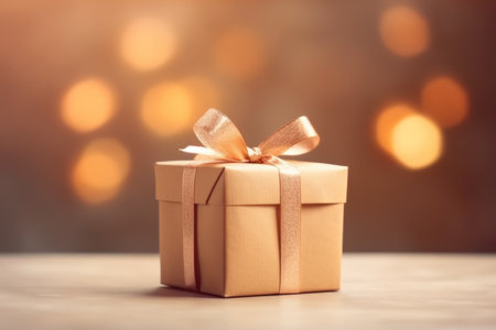 Gift box on wooden table with golden bokeh background.の素材