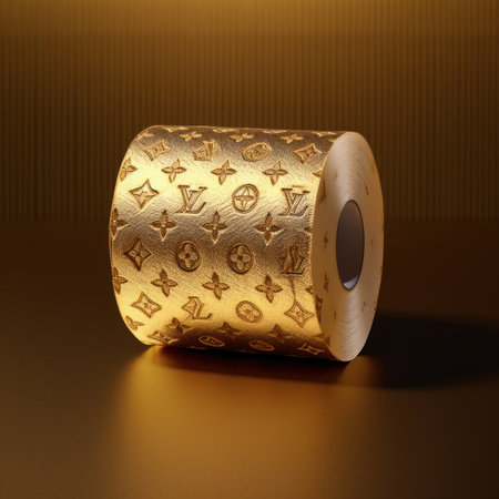 A roll of golden toilet paper on a brown background. 3d renderingの素材