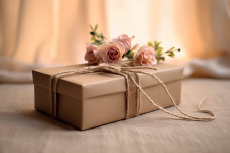 Gift box wrapped in brown paper and tied with twine with flowers on a light backgroundの素材