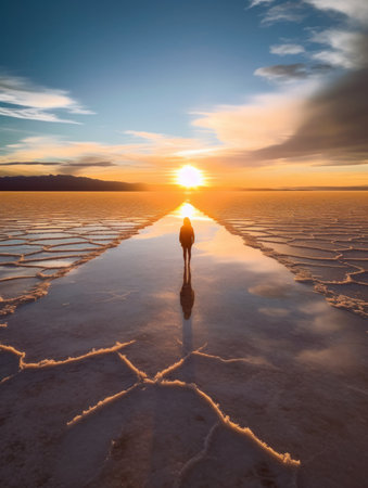 Silhouette of a woman standing in the salt lake at sunsetの素材