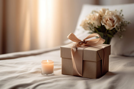 Gift box and candle on bed at home. Valentine's day conceptの素材