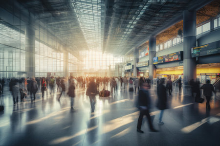 passengers at the airport terminal, blurred motion, toned imageの素材