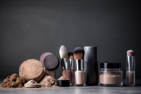 Makeup brushes, powder and cosmetics on a gray background with copy spaceの素材