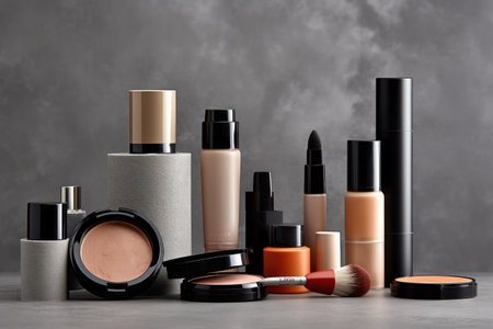 collection of make up and cosmetic beauty products arranged on gray background.の素材
