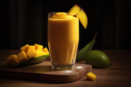Mango smoothie in a glass on a wooden table. Dark background.の素材