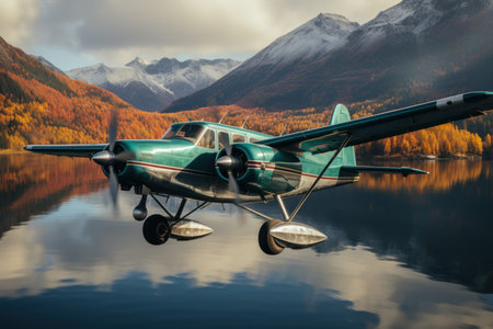 Vintage airplane on a lake in the mountains. Colorful autumn scenery.の素材