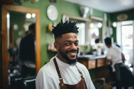 Portrait of handsome african american man with dreadlocks in barbershopの素材
